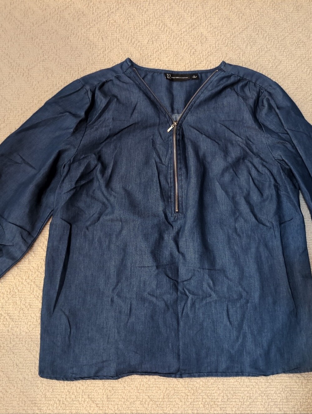 New York And Company Denim 1/4 Zip Shirt 3/4 Sleeve Academic College Preppy